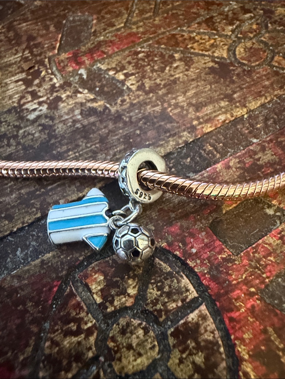 Silver & Blue Stripe Soccer Jersey & Ball Dangle Charm - Picture 2 of 4